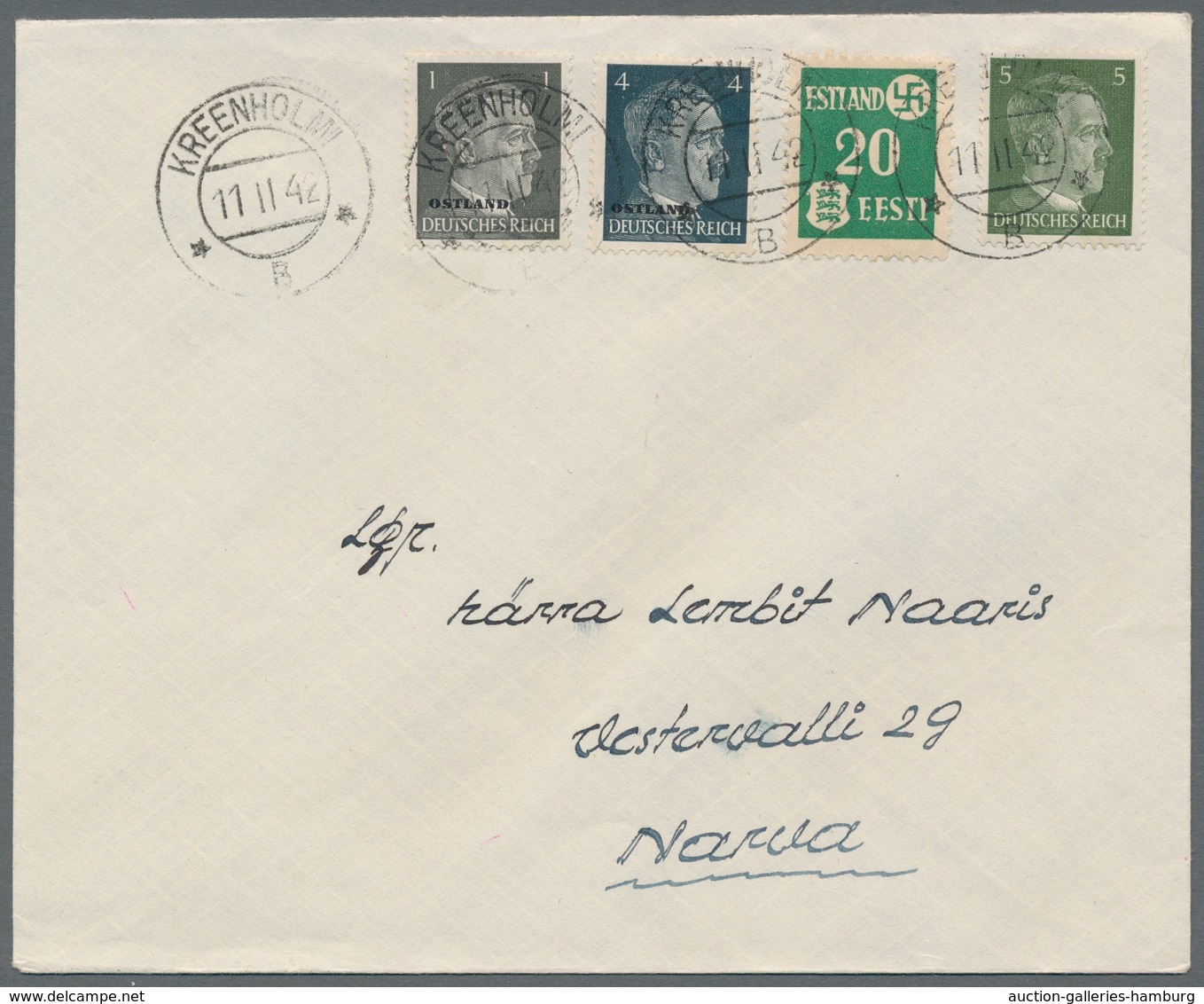 Dt. Besetzung II WK - Estland: 1941-1942, Partie von 5 Briefen mit Mi.Nr. 2x in Mischfrankatur mit O