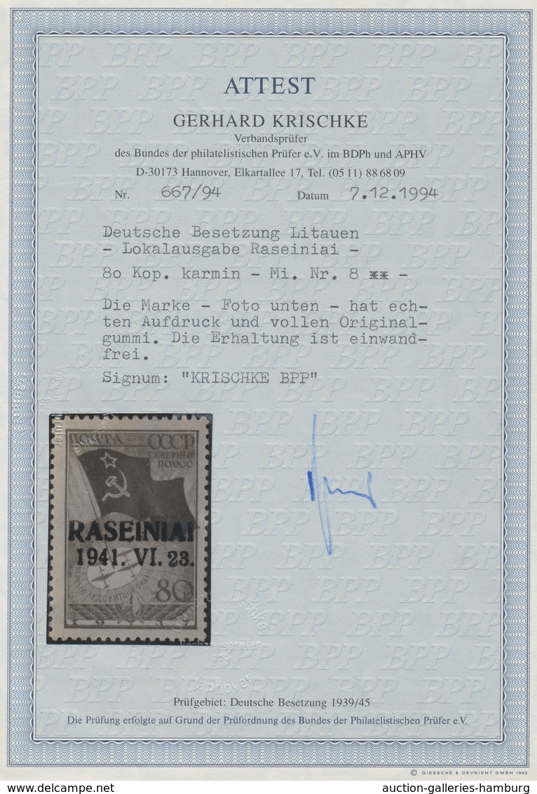 Dt. Besetzung II WK - Litauen - Rossingen (Raseiniai): 1941, "80 Kop. Nordpolflug Mit Aufdruck", Der - Ocupación 1938 – 45