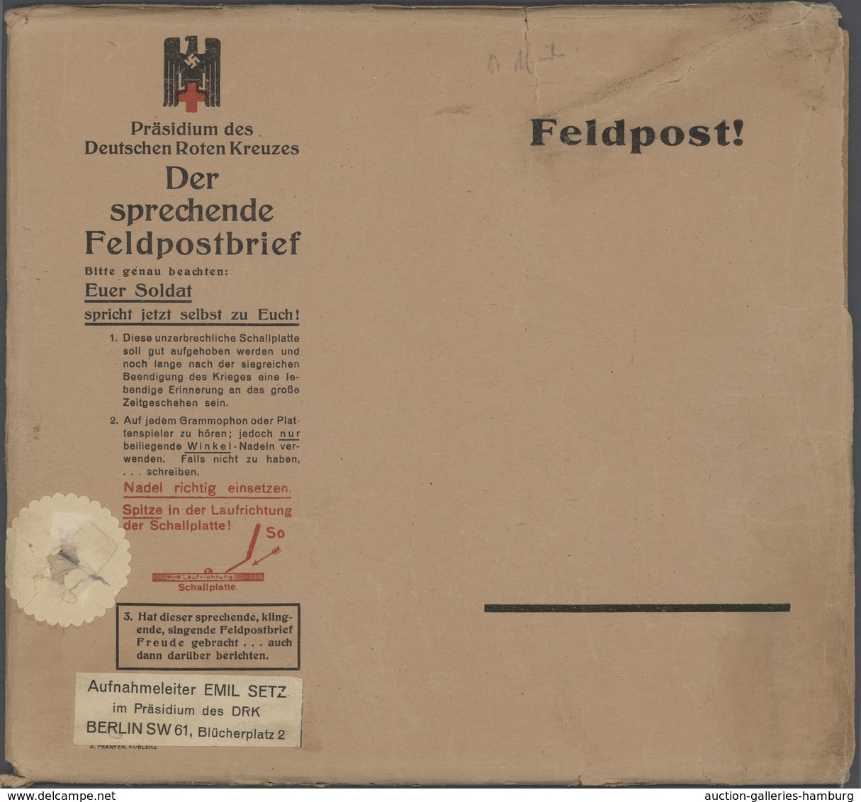 Feldpost 2. Weltkrieg: SCHALLPLATTENBRIEF Um 1943, "Der Sprechende Feldpostbrief", Vordruck-Umschlag - Otros & Sin Clasificación