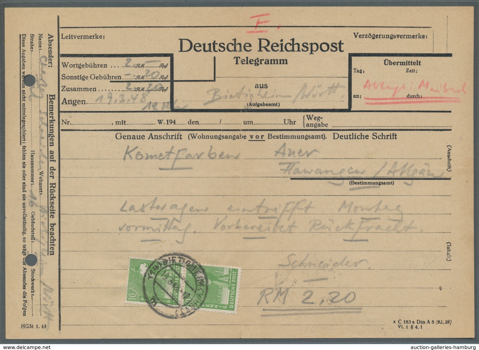 Alliierte Besetzung - Gemeinschaftsausgaben: 1948, Kontrollratsausg. 10 Pf. Grün, Senkr. Paar Als Ge - Other & Unclassified