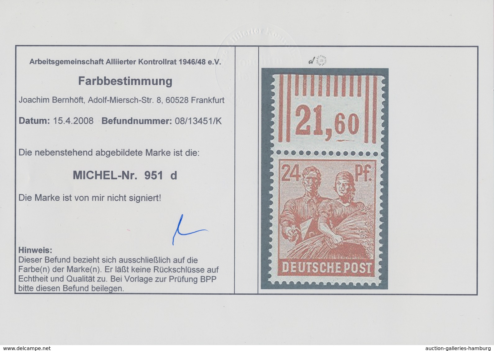 Alliierte Besetzung - Gemeinschaftsausgaben: 1947, 24 Pf Lebh. Braunorange Vom Oberrand Postfrisch, - Otros & Sin Clasificación