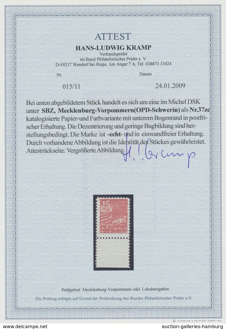 Sowjetische Zone - Mecklenburg-Vorpommern: 1946, "15 Pfg. Mittelgelbbraun Auf "z"-Papier", Postfrisc - Otros & Sin Clasificación