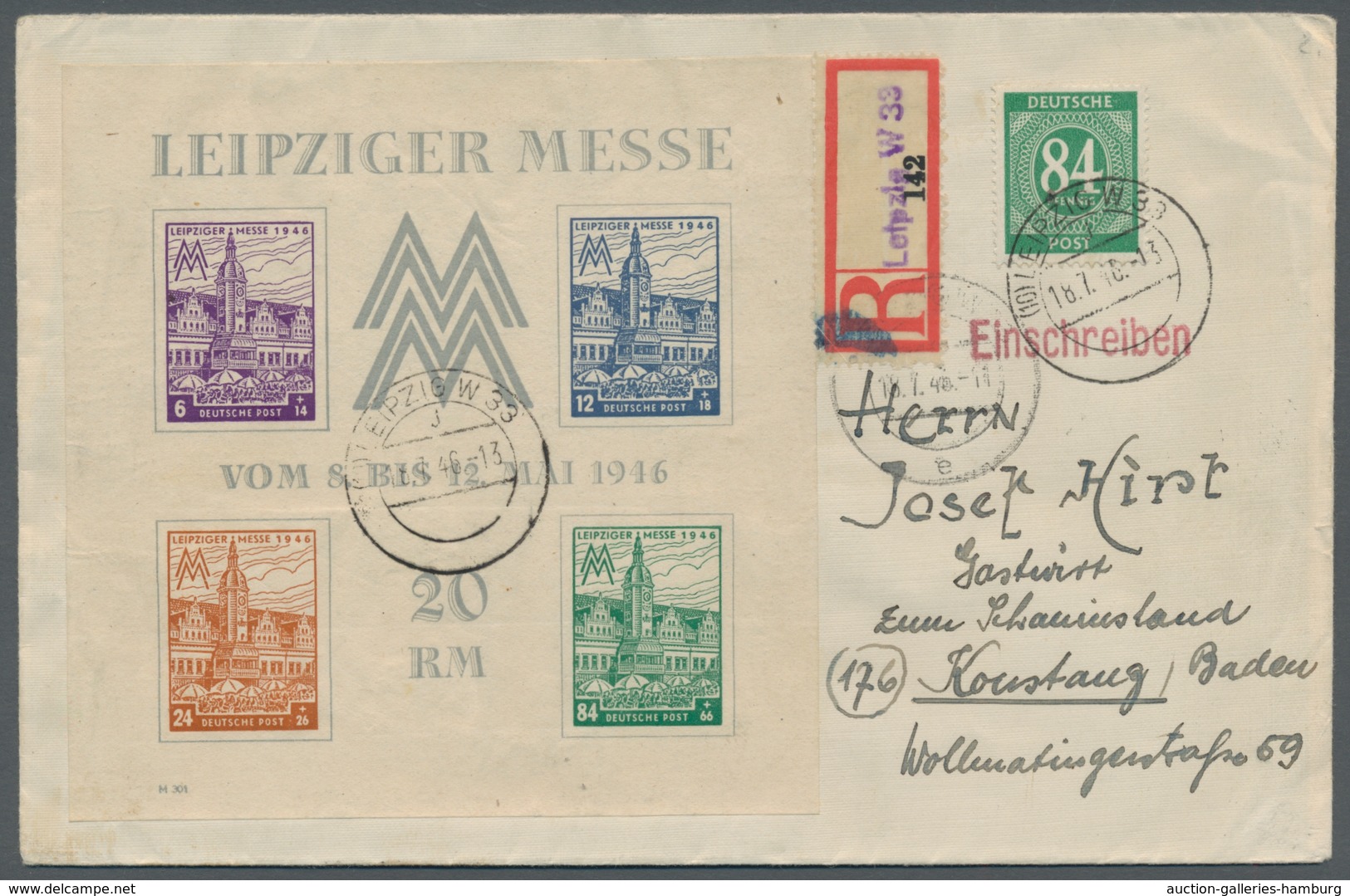 Sowjetische Zone - West-Sachsen: 1946, "Leipziger Messe-Block Mit Wasserzeichen X" Mit 84 Pfg. Kontr - Sonstige & Ohne Zuordnung