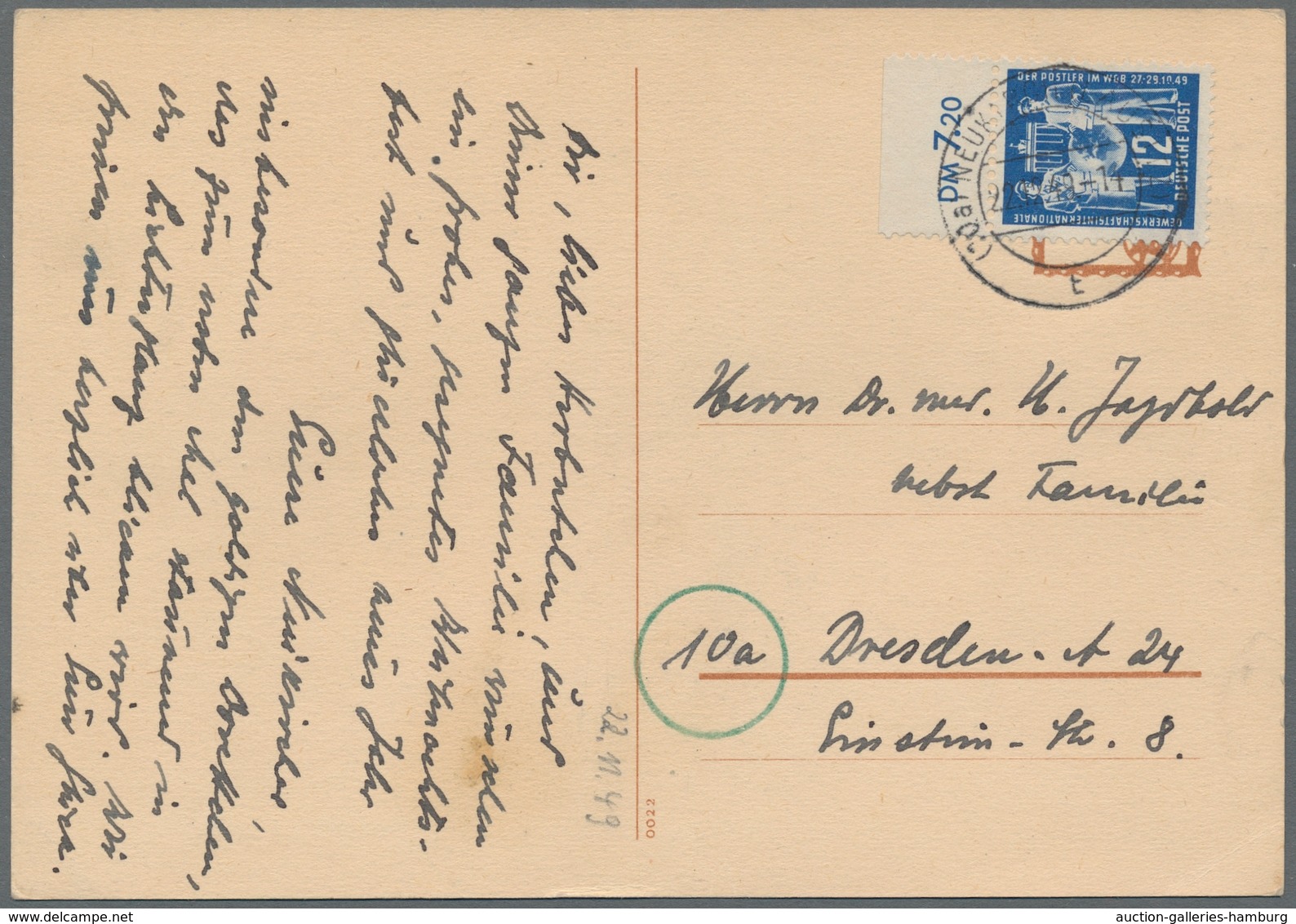 DDR: 1949, "12 Pfg. Postgewerkschaft Mit PLF V", Oberrandwert Als Portorichtige EF Auf Karte Von NEU - Cartas & Documentos