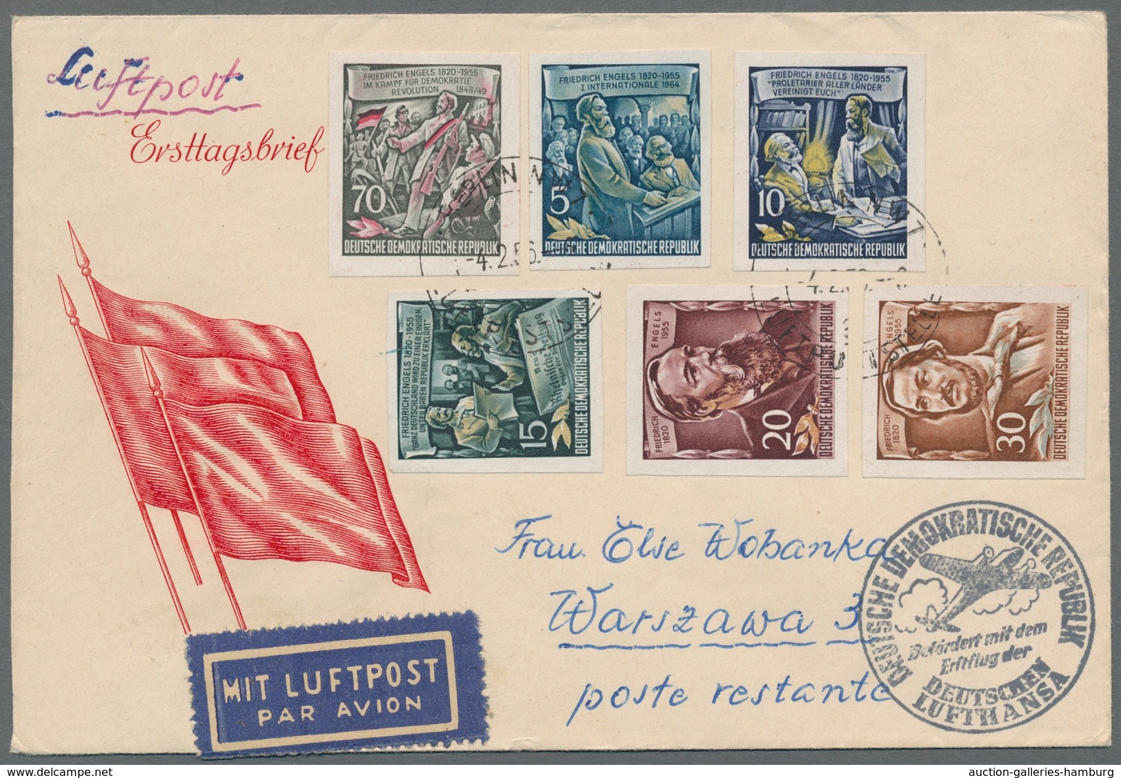 DDR: 1955, "Engels", Die Einzelmarken Aus Block 13 Sauber Gestempelt Auf Erstflugbrief Der Deutschen - Covers & Documents