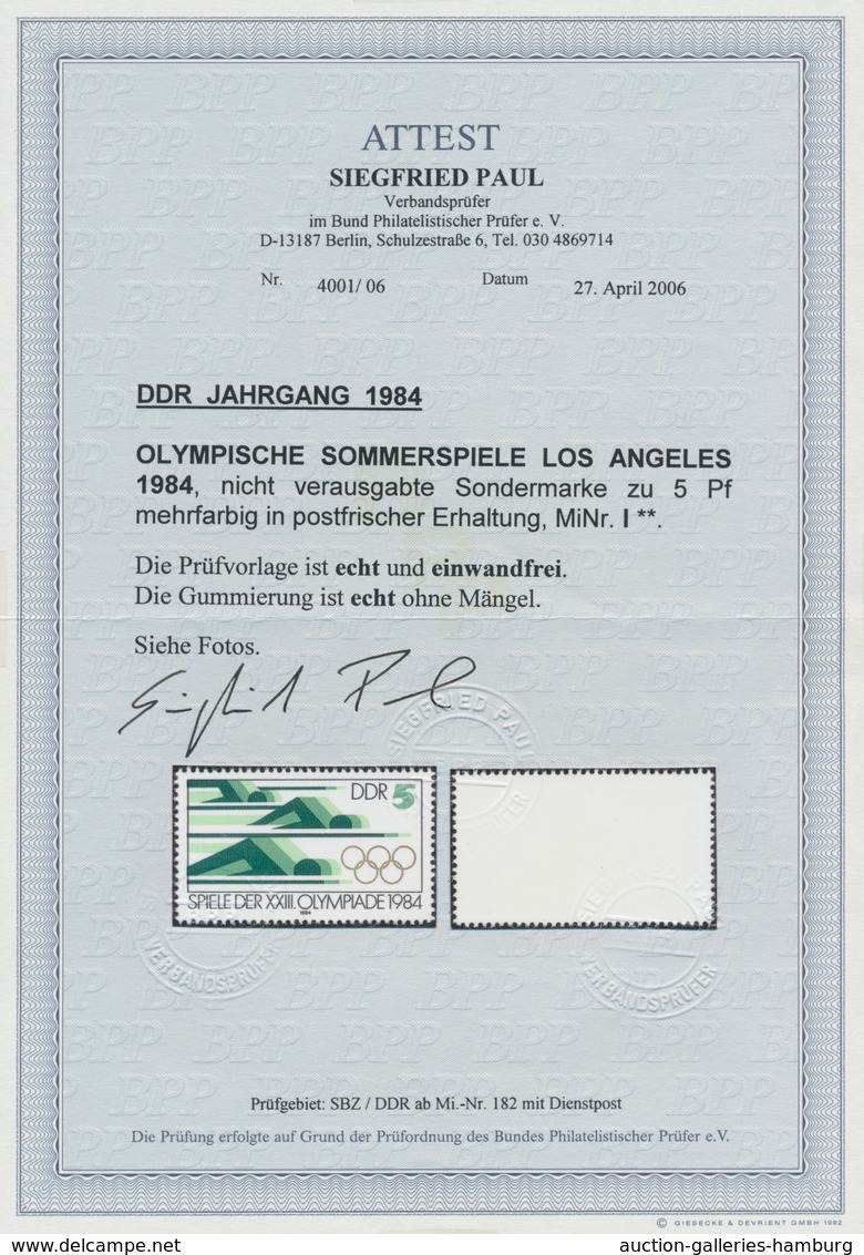 DDR: 1984, Olympische Sommerspiele Los Angeles, Nicht Verausgabte Sondermarke Zu 5 Pf. Postfrisch, F - Cartas & Documentos