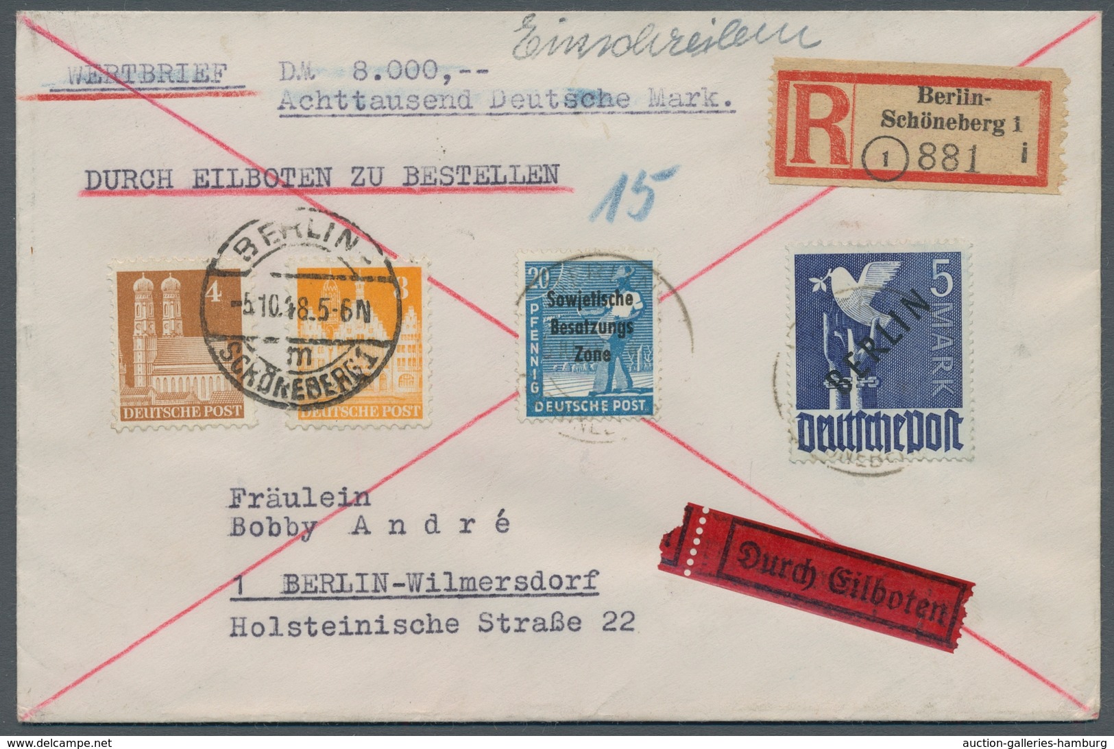 Berlin: 1948, "5 Mk. Schwarzaufdruck" In MiF Mit BI-Zone Und SBZ Auf Orts-Eil-Wertbrief BERLIN-SCHÖN - Unused Stamps