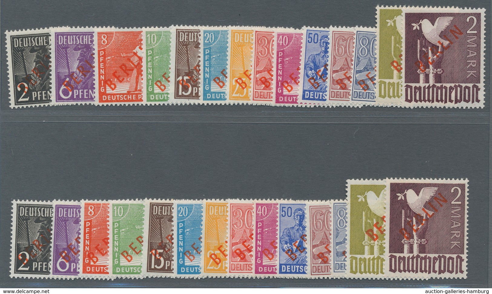 Berlin: 1949, Rotaufdruck, Zwei Postfrische Sätze, 1 Mark-Wert Gepr. Schlegel, Bzw. Lippschütz BPP, - Unused Stamps