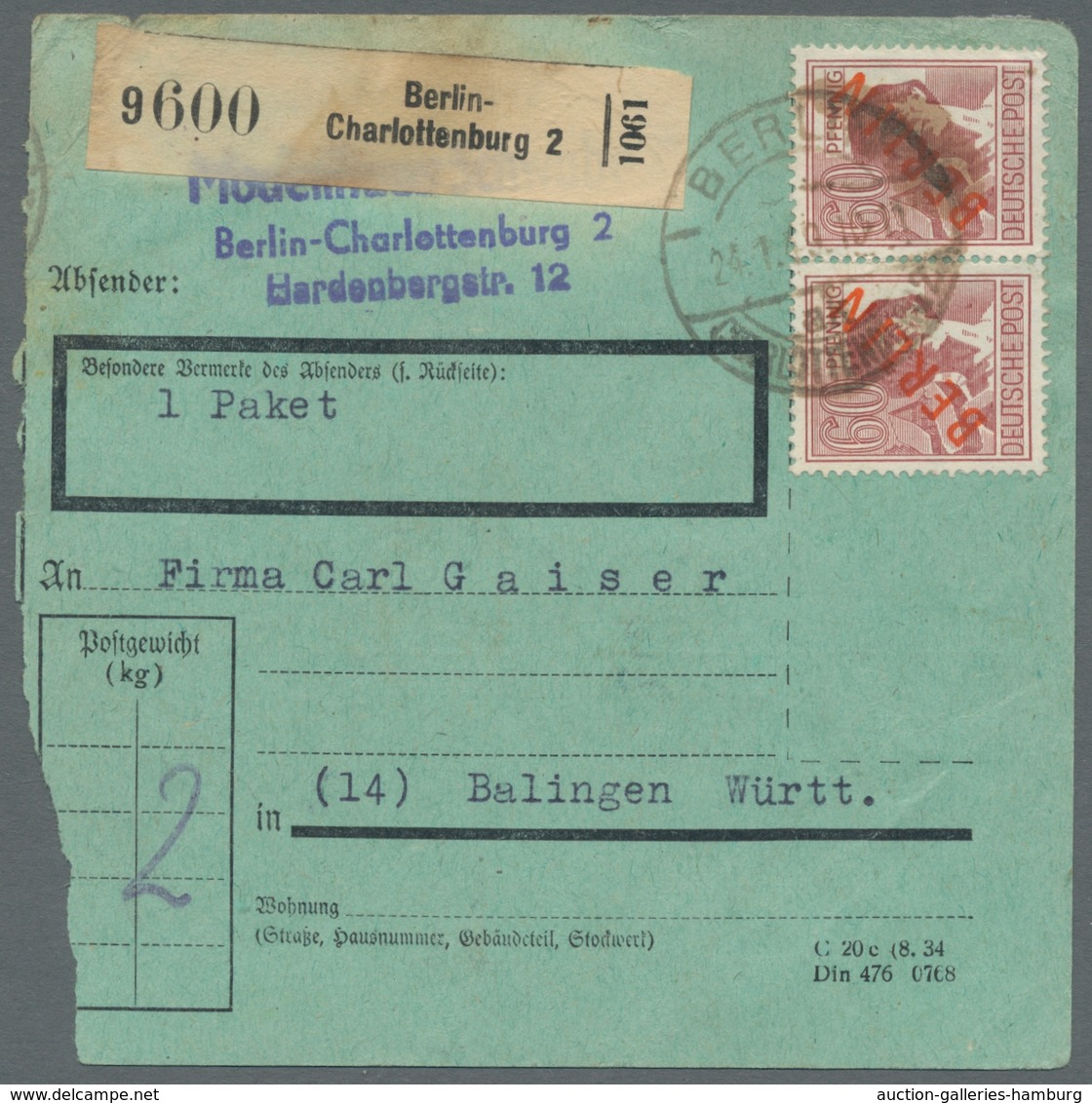 Berlin: 1949, 60 Pf. Rotaufdruck, Waagerechtes Paar Als Seltene Mef. Auf Paketkarte Von Berlin 24.1. - Nuevos