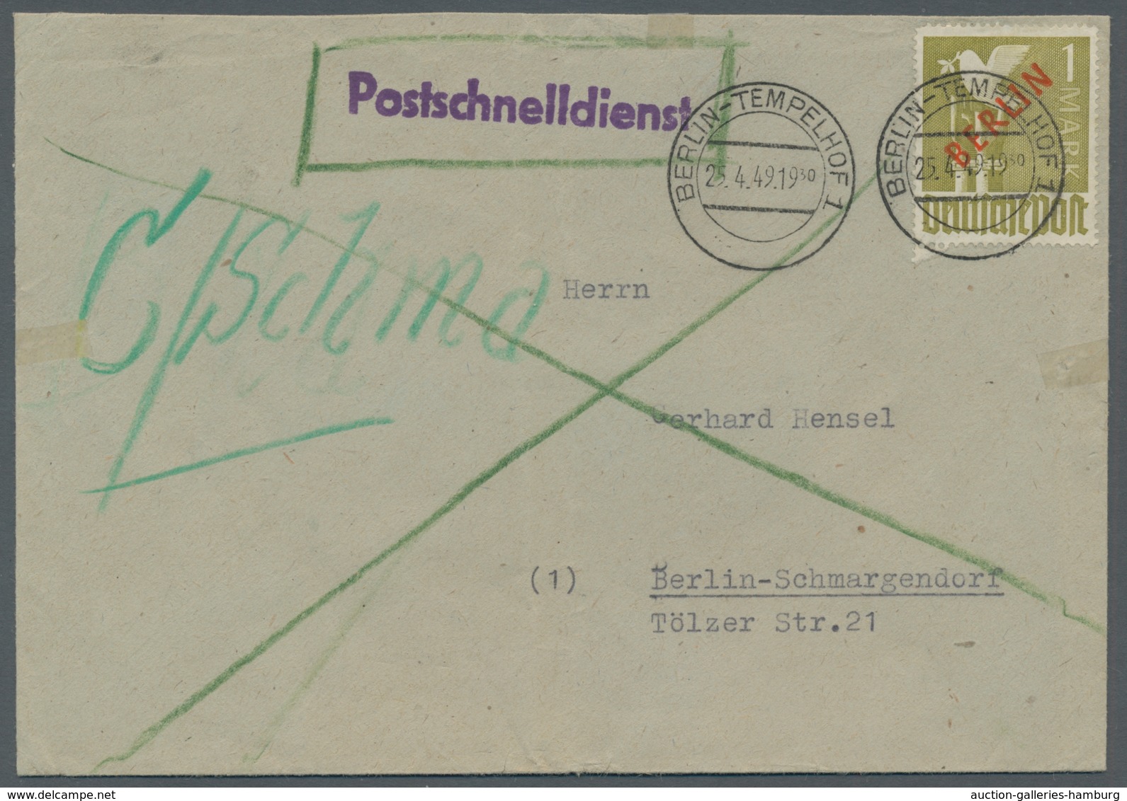 Berlin: 1949, 1 Mk. Rotaufdruck Portoger. Auf Bedarfs-Postschnelldienstbrief, Tempelhof 25.4.49 19.3 - Nuevos