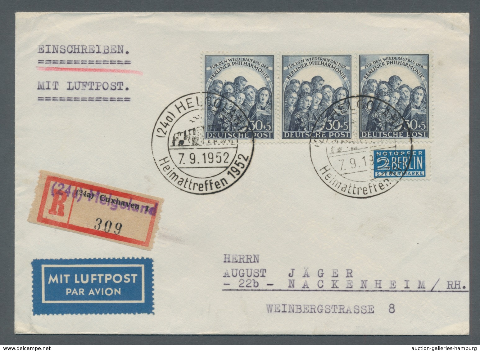 Berlin: 1950, Philharmonie, 30 Pf Als Waager. Dreierstreifen Auf Portoger. Luftpost R-Brief Von Helg - Unused Stamps