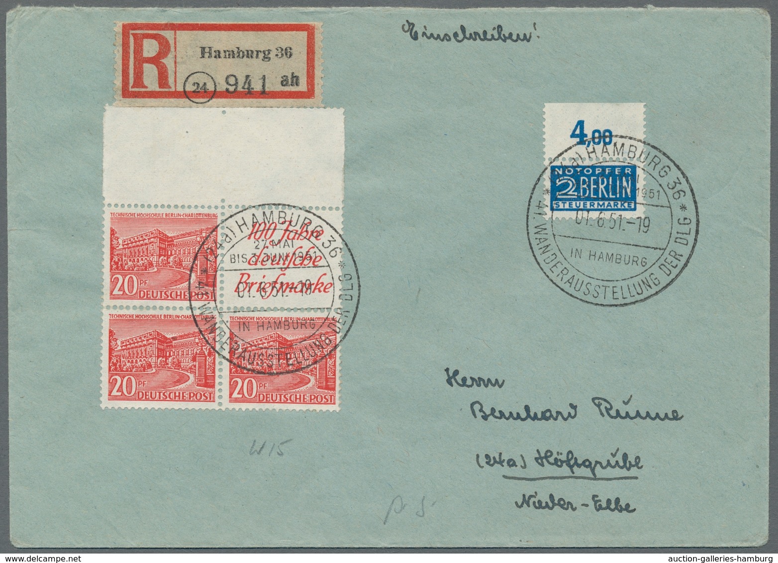 Berlin - Zusammendrucke: 1949, "20 Pfg. + R 1 A Bauten" Mit Zwei Anhängenden Marken Als Portorichtig - Se-Tenant