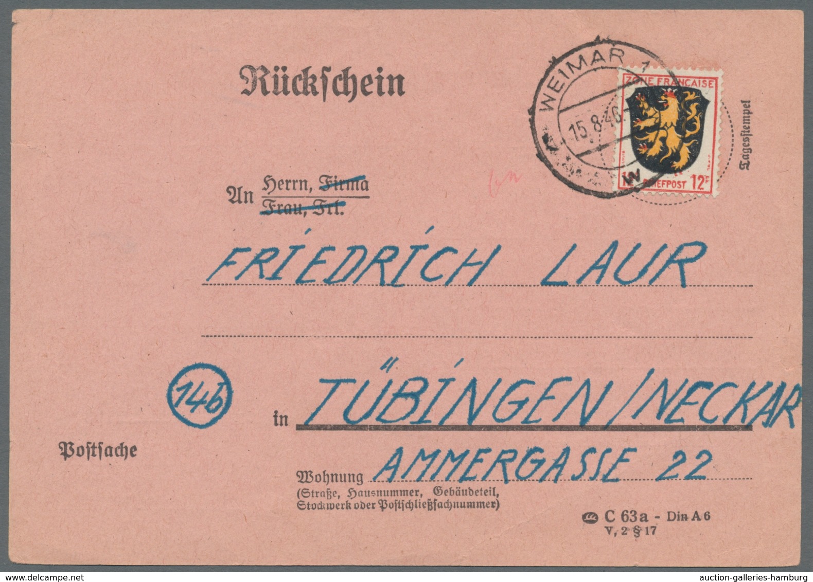 Französische Zone - Allgemeine Ausgabe: 1945, Allg. Ausgabe 12 Pf. EF Auf Rückschein, Zurück Aus Wei - Autres & Non Classés