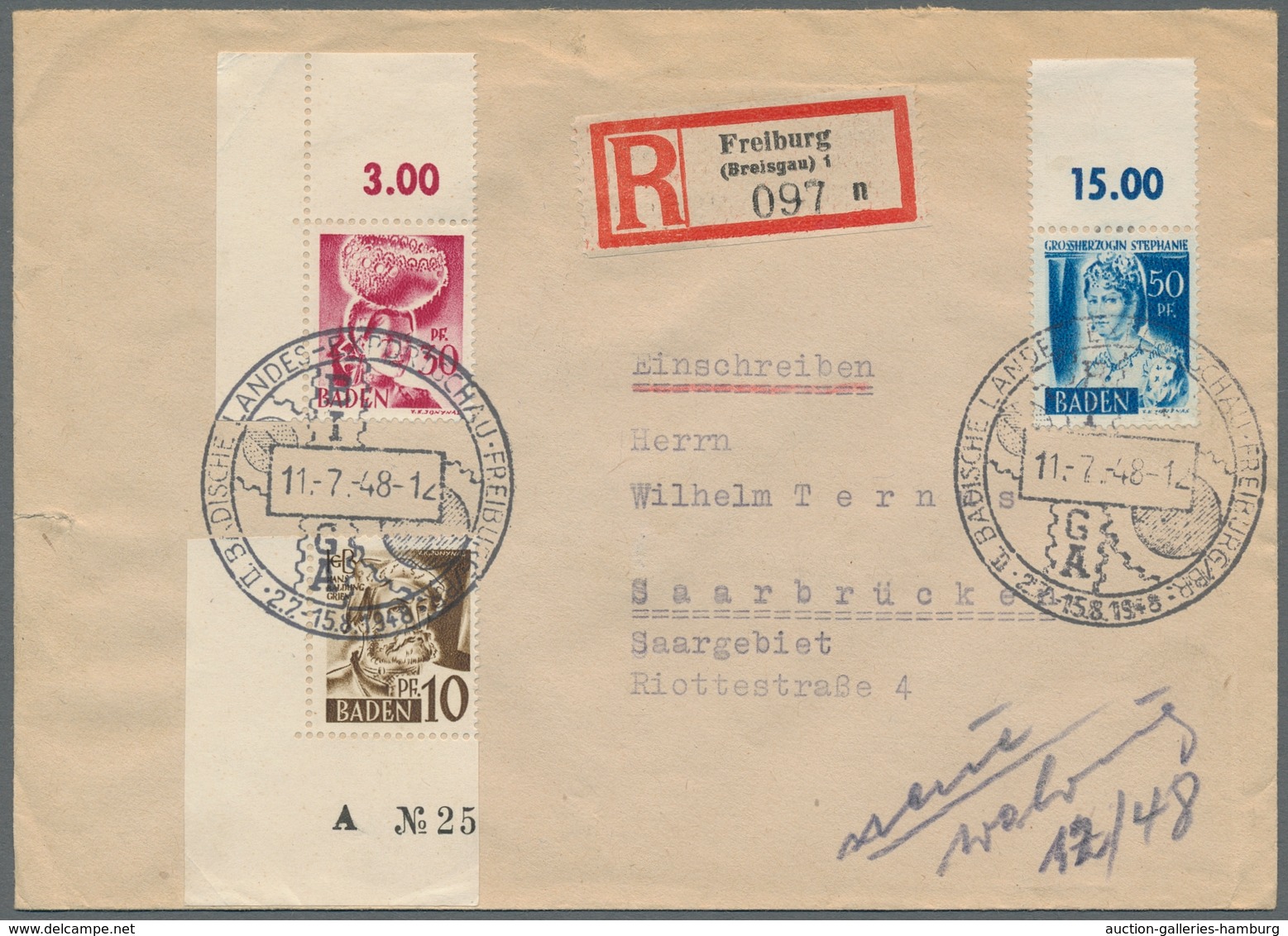 Französische Zone - Baden: 1947/48, "1. und 2. Ausgabe", vier R-Briefe mit MiF mit hauptsächlich Obe