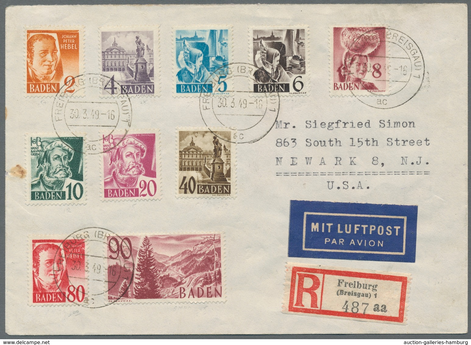 Französische Zone - Baden: 1948, "3. Ausgabe" Komplett Auf Flug-Satz-R-Brief Von FREIBURG 30.3.49 Na - Other & Unclassified
