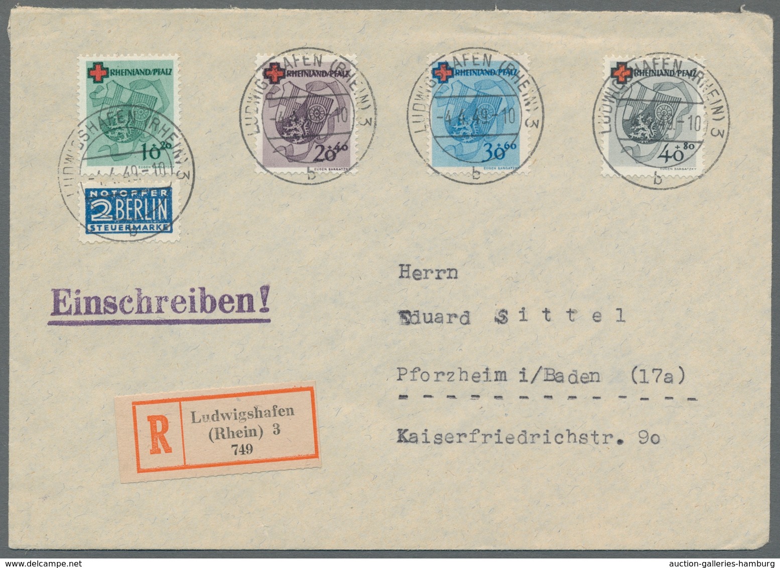 Französische Zone - Baden: 1949, "Rotes-Kreuz" Komplett Auf Satz-R-Brief Von LUDWIGSHAFEN -4.4.49 Na - Otros & Sin Clasificación