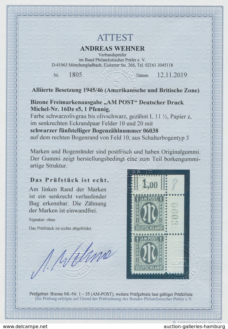 Bizone: 1945, AM-Post 1 Pfennig Mit 11 1/2er Zähnung Auf Sogen. "Alfelder Papier" Im Postfrischem Se - Otros & Sin Clasificación