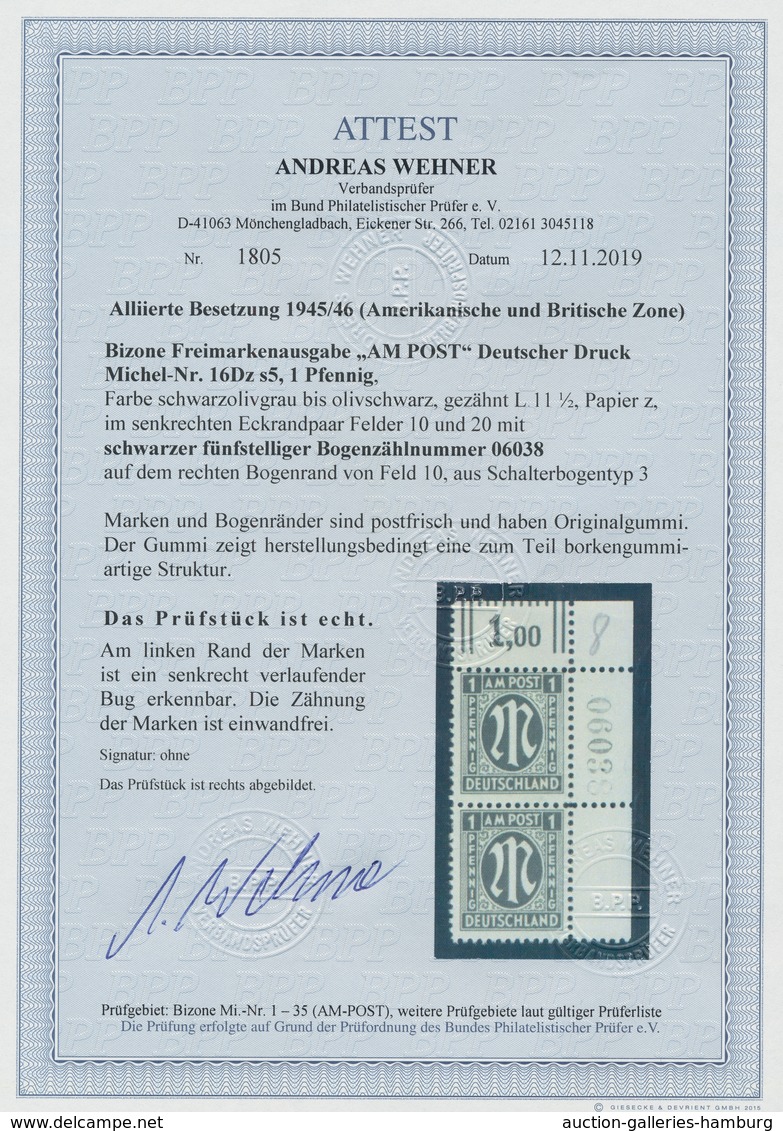 Bizone: 1945, AM-Post 1 Pfennig Mit 11 1/2er Zähnung Auf Sogen. "Alfelder Papier" Im Postfrischem Se - Other & Unclassified
