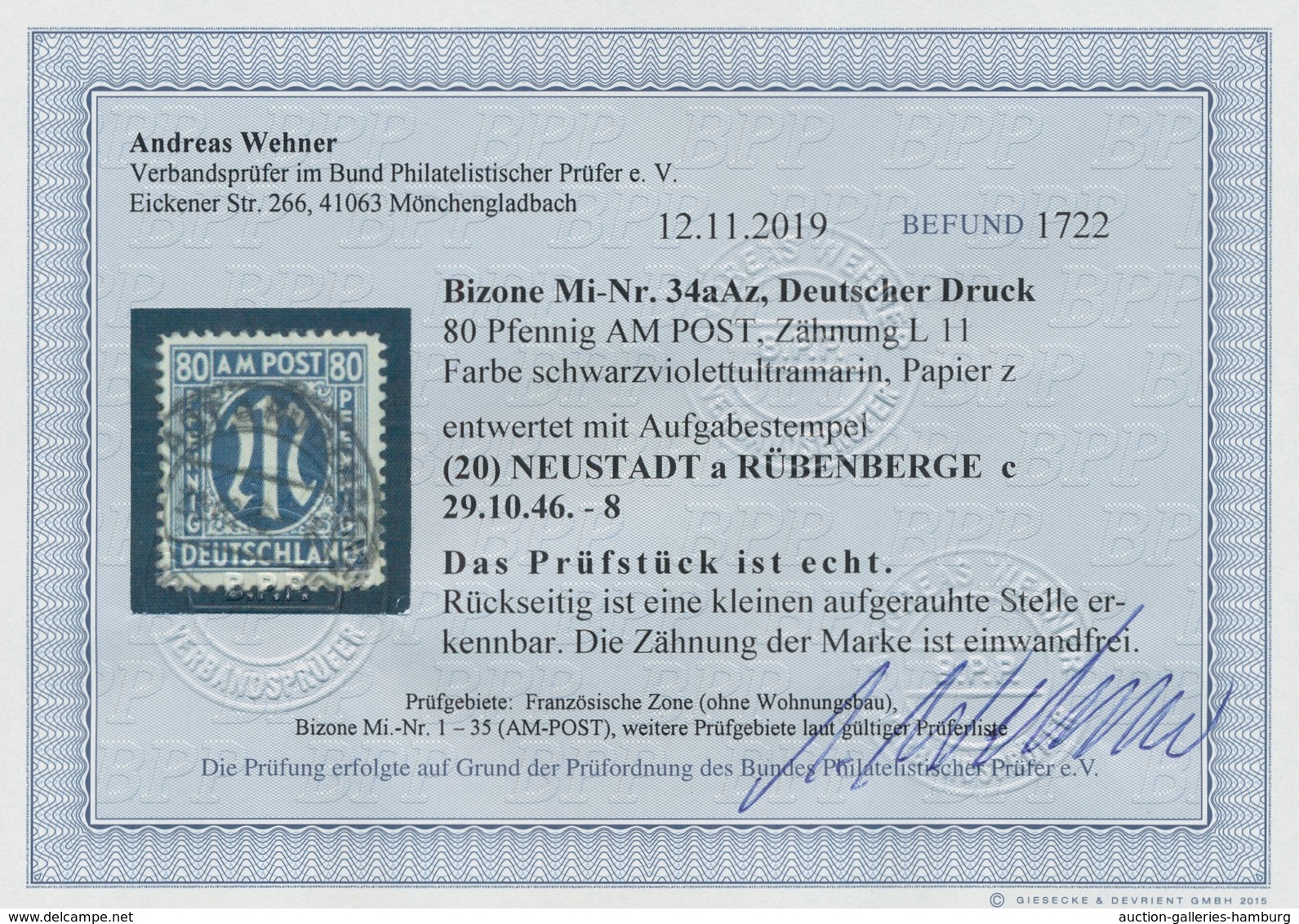 Bizone: 1945, AM-Post 80 Pfennig Schwarzviolettultramarin In Der 11er Zähnung Auf Sogen. "Alfelder P - Other & Unclassified