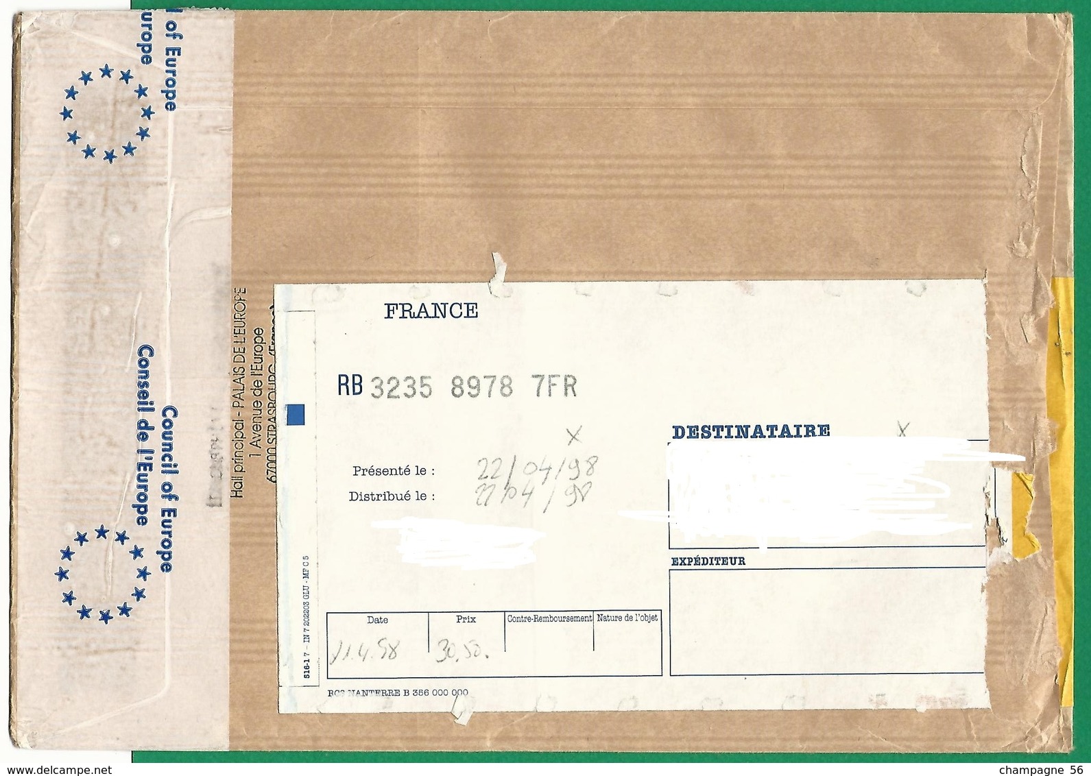 VARIÉTÉS 1998 EDITIONS PHILATÉLIQUES EUROPÉENNES STRASBOURG RECOMMANDER PHOSPHORESCENTE OBLITÉRÉ - Covers & Documents
