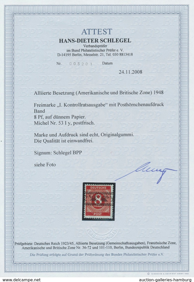 Bizone: 1948, 8 Pf Ziffer Orangerot Mit Bandaufdruck, Dünnes Papier, Tadellos Postfrisch, "echt Und - Otros & Sin Clasificación