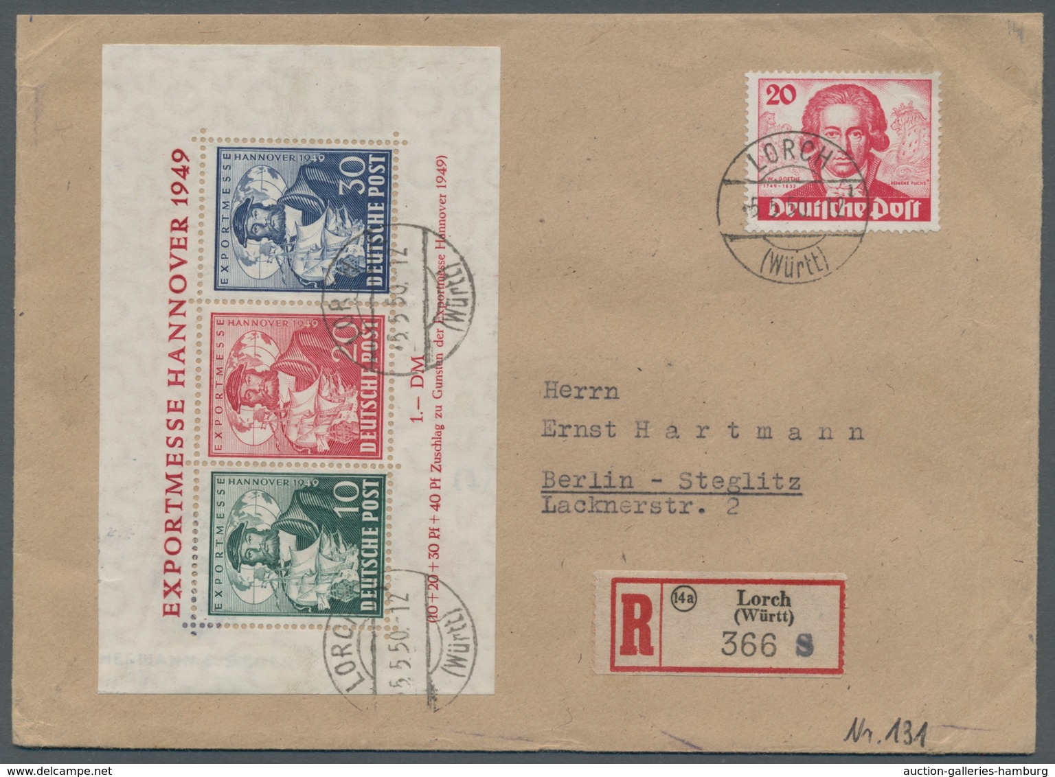 Bizone: 1949, "Hannovermesse-Block" Mit Berlin "20 Pfg. Goethe" Als Portorichtige MiF Auf R-Brief Vo - Other & Unclassified