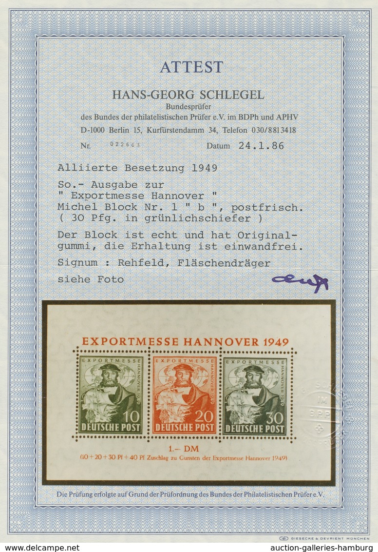 Bizone: 1949, "Hannovermesse-Block Mit 30 Pfg. Grünlichschiefer", Postfrischer Block In Tadelloser E - Otros & Sin Clasificación