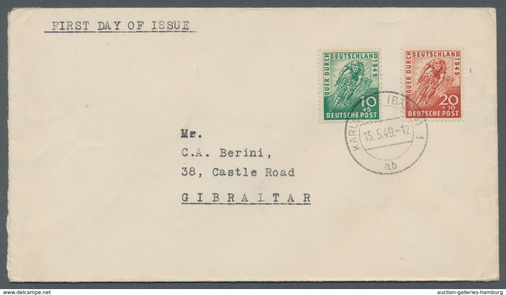 Bizone: 1949, "Quer Durch Deutschland" Auf Ersttagsbrief KARLSRUHE (BADEN) 1 Ab 15.5.49 Nach Gibralt - Otros & Sin Clasificación