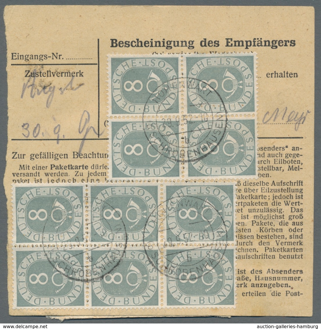 Bundesrepublik Deutschland: 1951, Posthorn 8 Pf Grau, 10 Werte Als 4er-bzw. 6er Block, Sauber Gestem - Cartas & Documentos