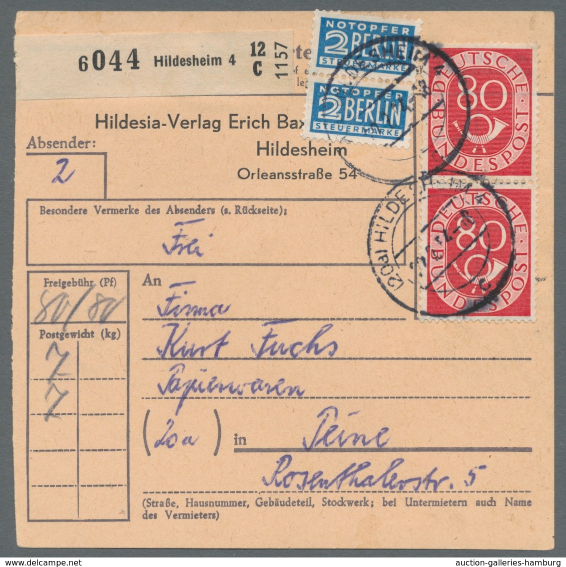 Bundesrepublik Deutschland: 1951, Posthorn, 80 Pf. Senkrechtes Paar, Gut Gezähnt Auf Portogerechter - Cartas & Documentos