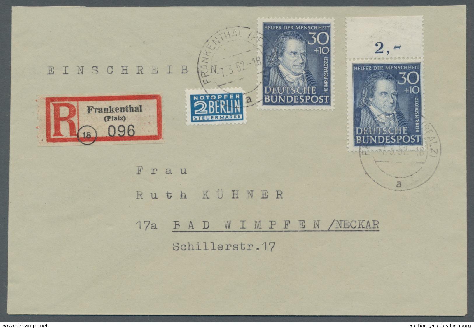 Bundesrepublik Deutschland: 1951, 30 Pf. Pestalozzi 2 Werte, 1x Oberrand, Gut Gezähnt, Als Portoger - Cartas & Documentos