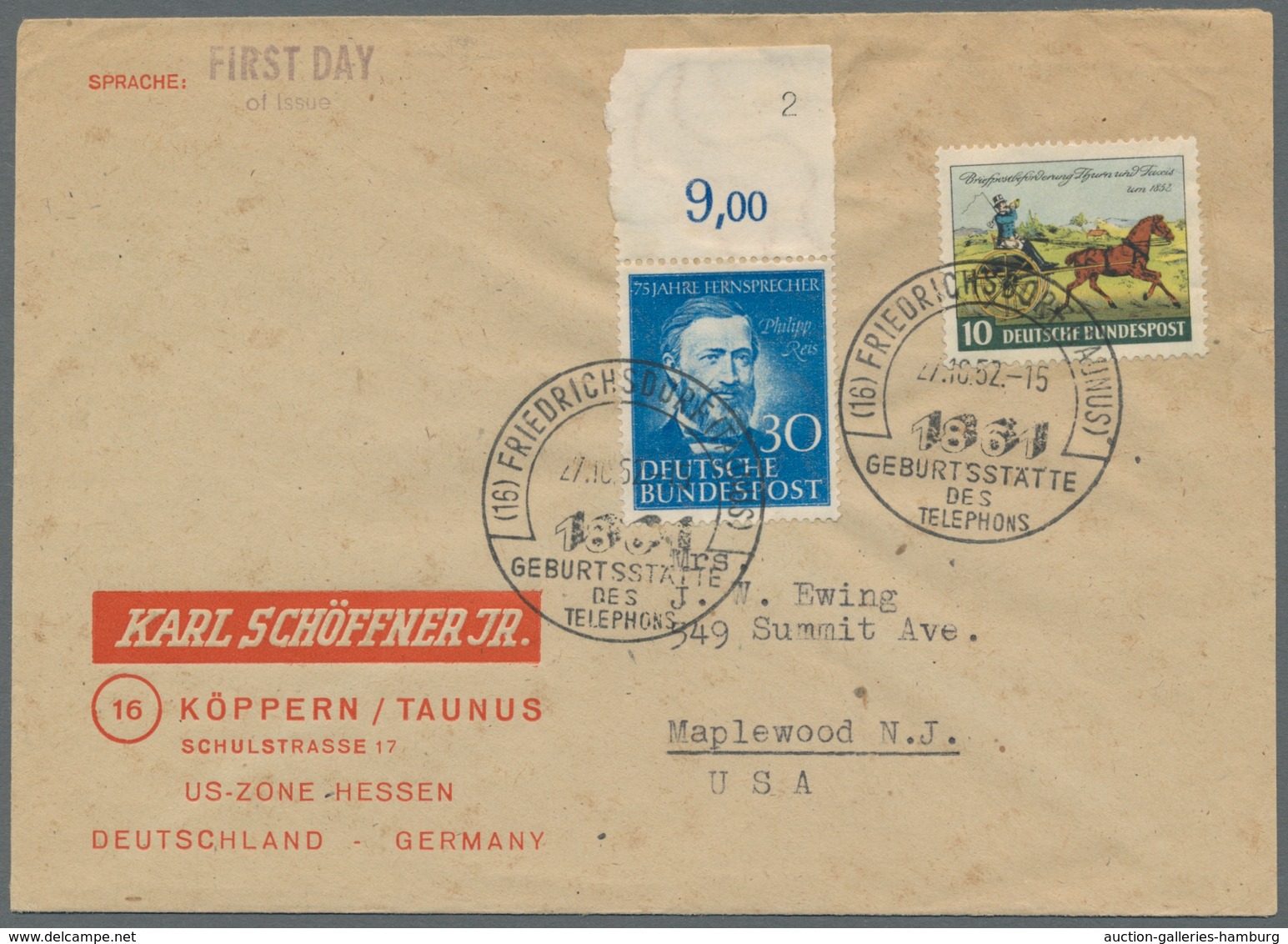 Bundesrepublik Deutschland: 1952, "P. Reis", Oberrandwert Mit Zusatzfrankatur Auf Ersttagsbrief In D - Cartas & Documentos