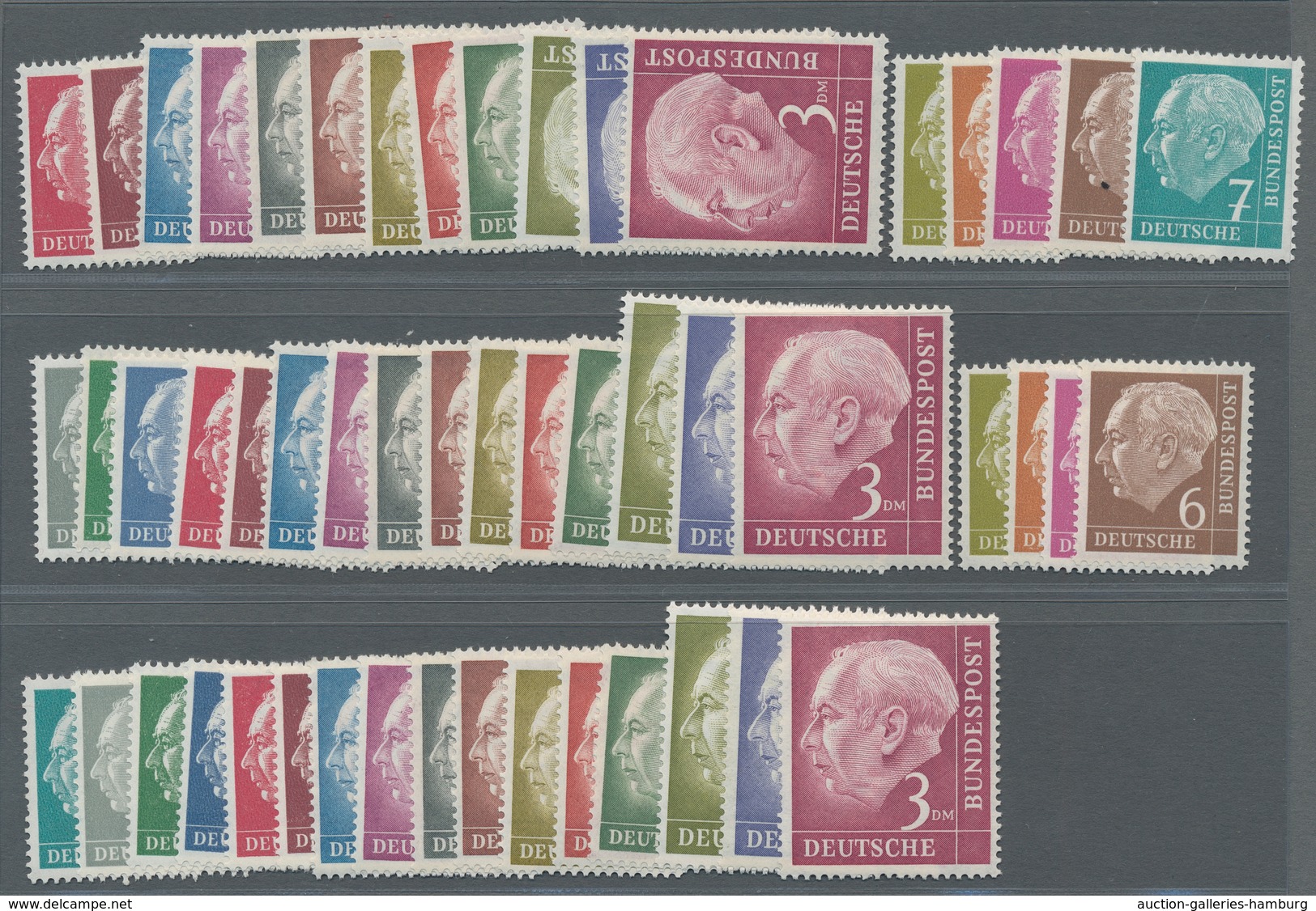 Bundesrepublik Deutschland: 1954, Heuss I, 5 Farbfrische Postfrische Sätze (1x 40 Pfg Mit Zahnfehler - Covers & Documents