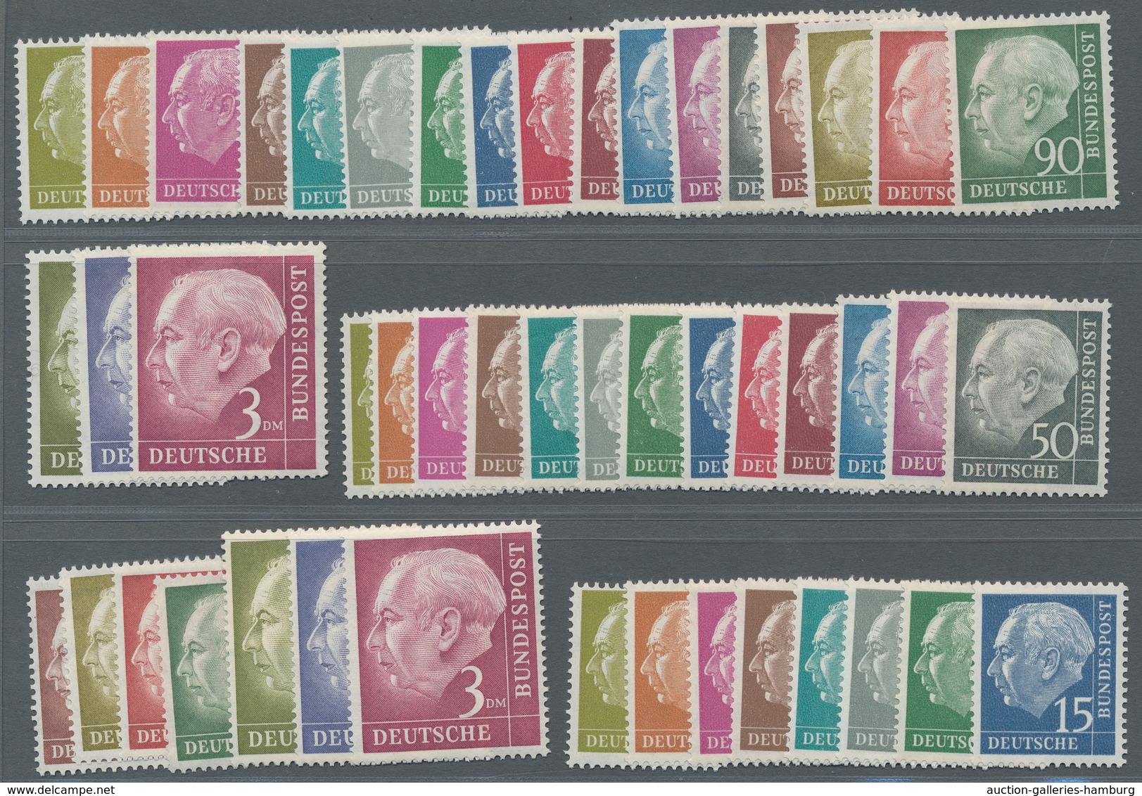 Bundesrepublik Deutschland: 1954, Heuss I, 5 Farbfrische Postfrische Sätze (1x 40 Pfg Mit Zahnfehler - Covers & Documents