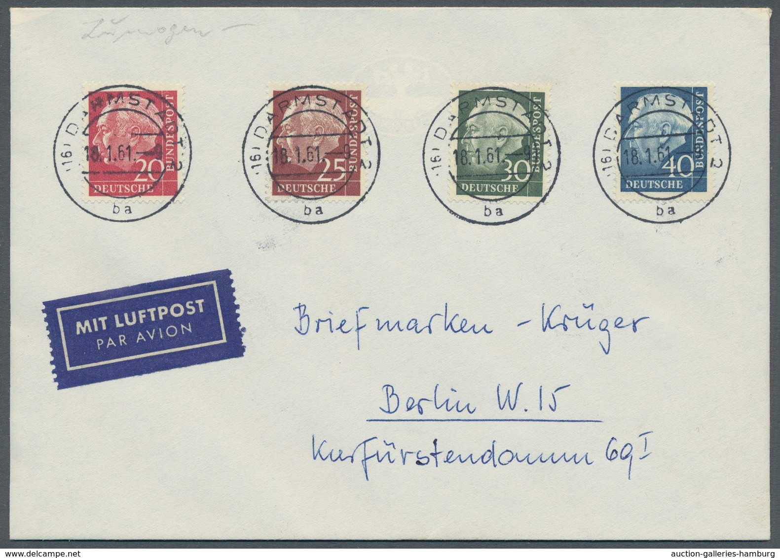 Bundesrepublik Deutschland: 1960, "Heuss Lumogen", Komplett Auf Zwei Flugbriefen Nach Berlin, Jeder - Covers & Documents