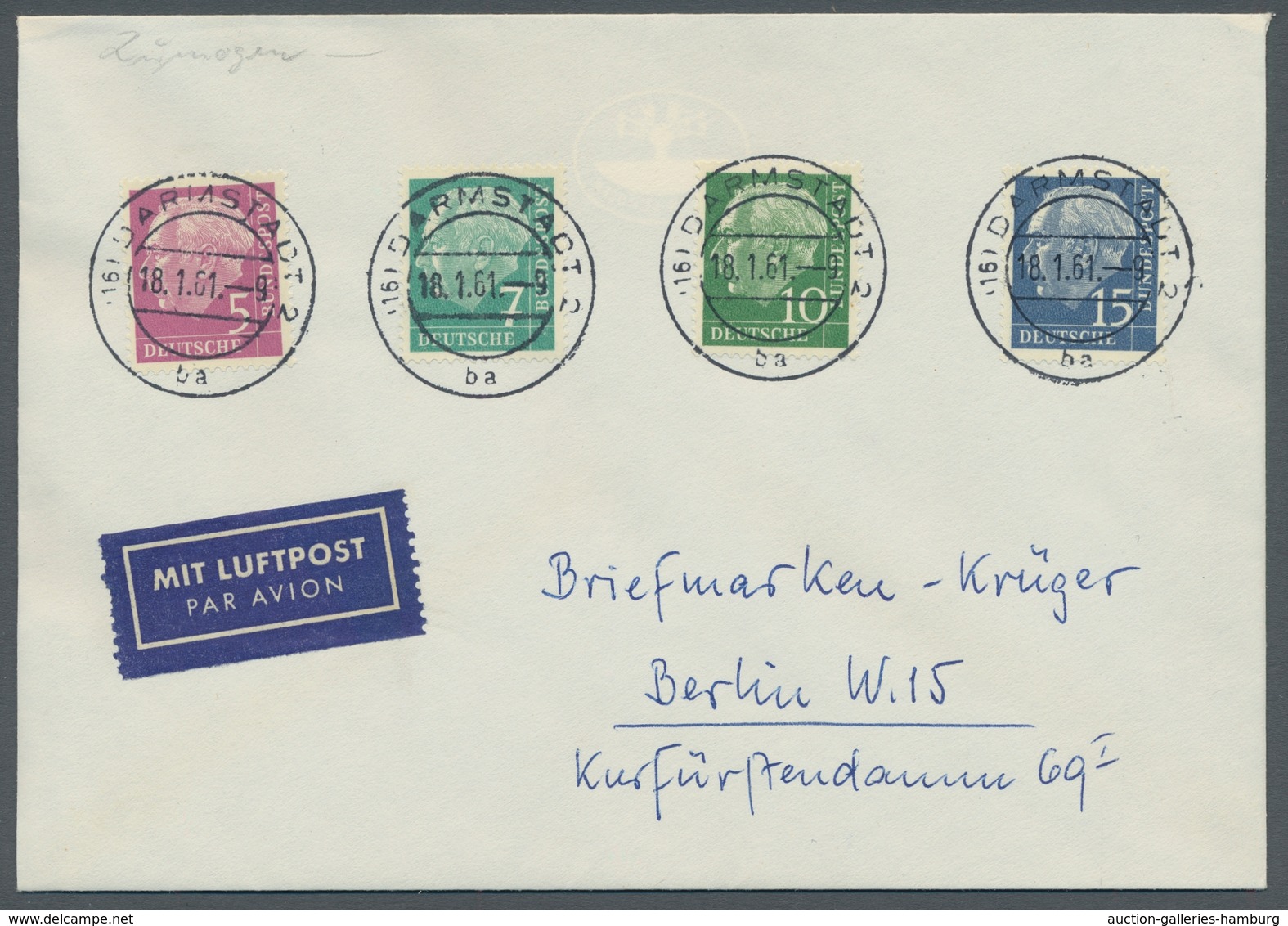 Bundesrepublik Deutschland: 1960, "Heuss Lumogen", Komplett Auf Zwei Flugbriefen Nach Berlin, Jeder - Cartas & Documentos