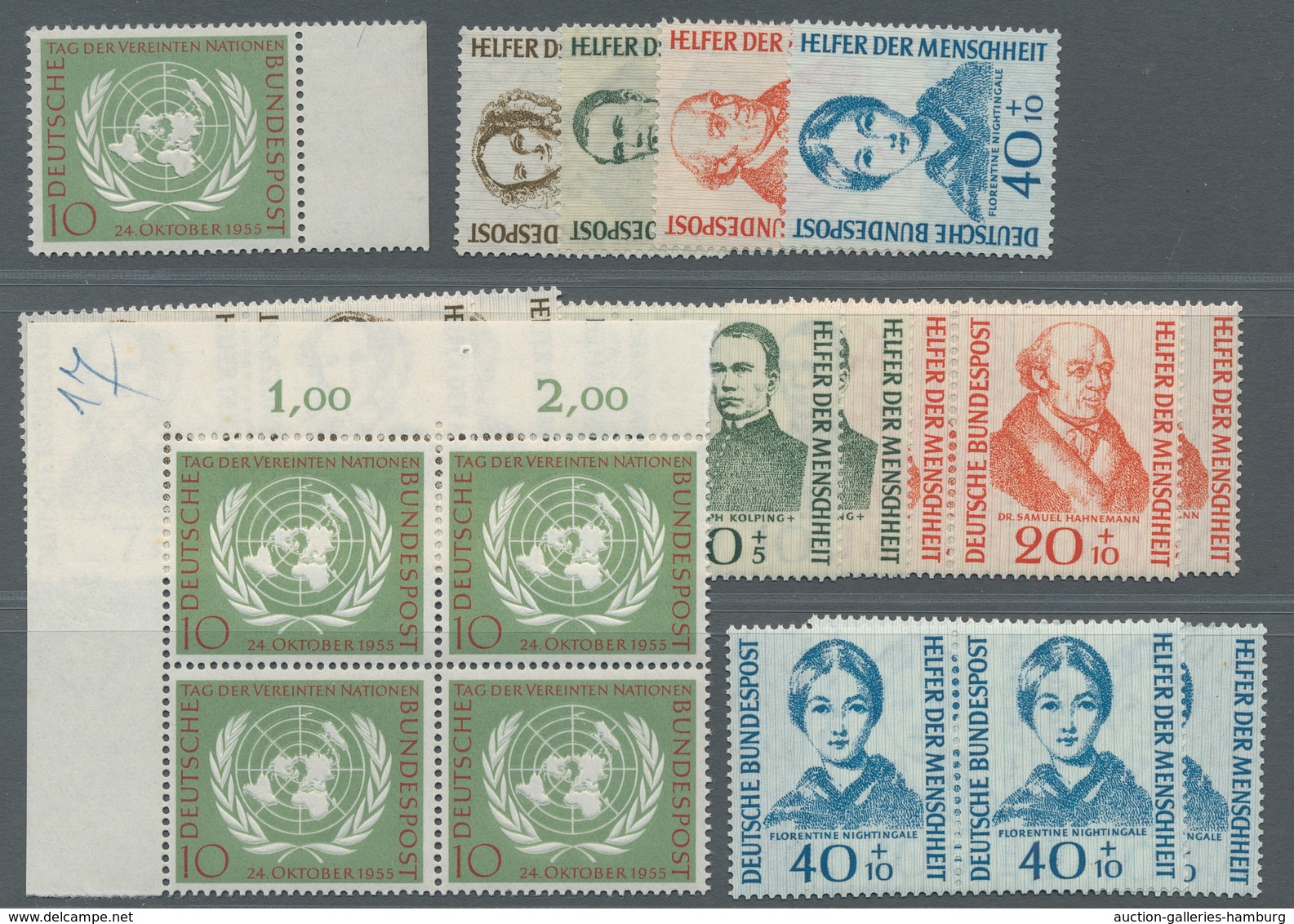 Bundesrepublik Deutschland: 1954/1955, 5 mal postfrisch von Ehrlich/Behring bis Wohlfahrt 1955, in E