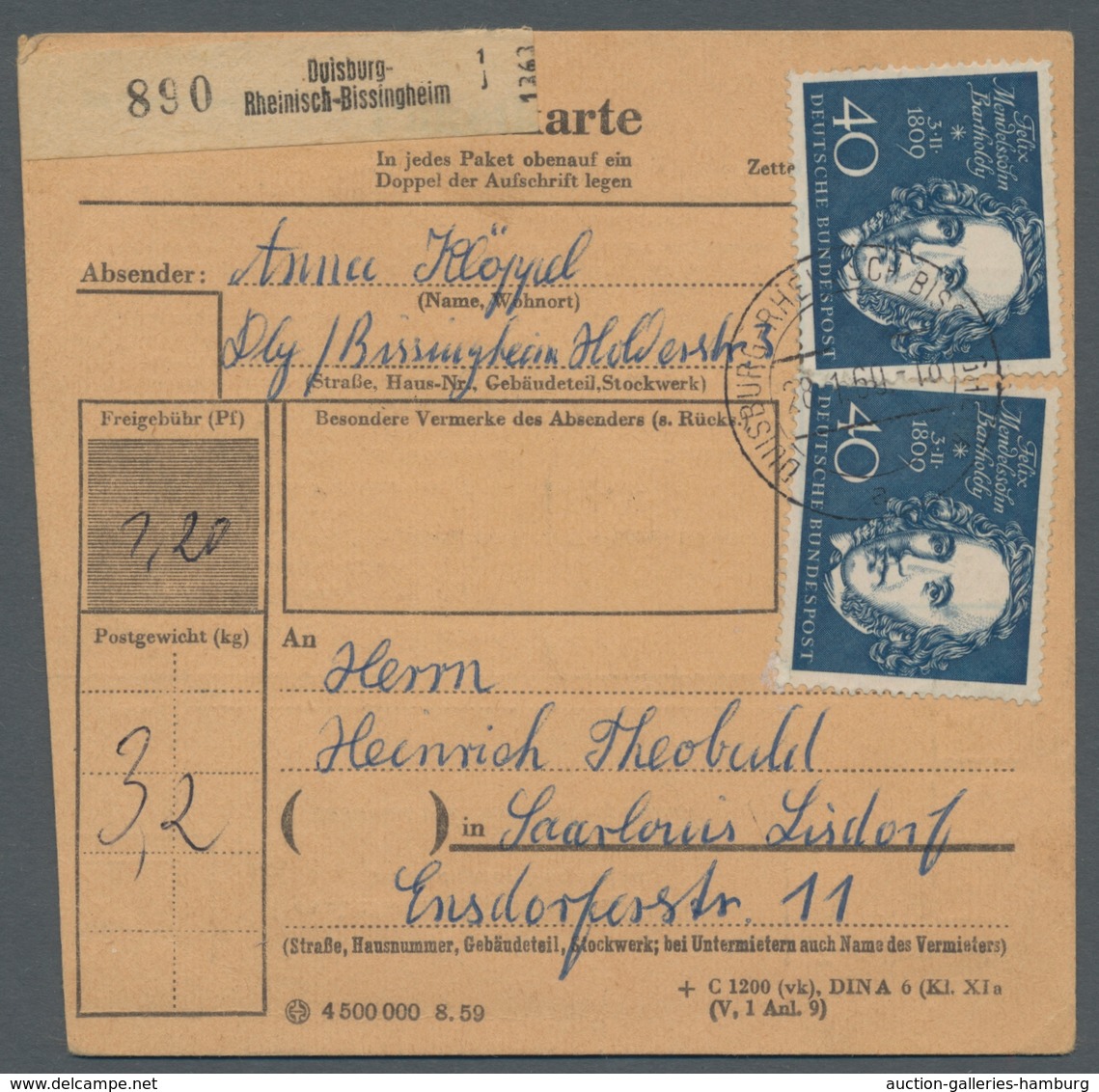 Bundesrepublik Deutschland: 1959, Beethoven, 40 Pf Blau, 3 Werte Auf Bedarfs-Paketkarte, Sehr Selten - Cartas & Documentos