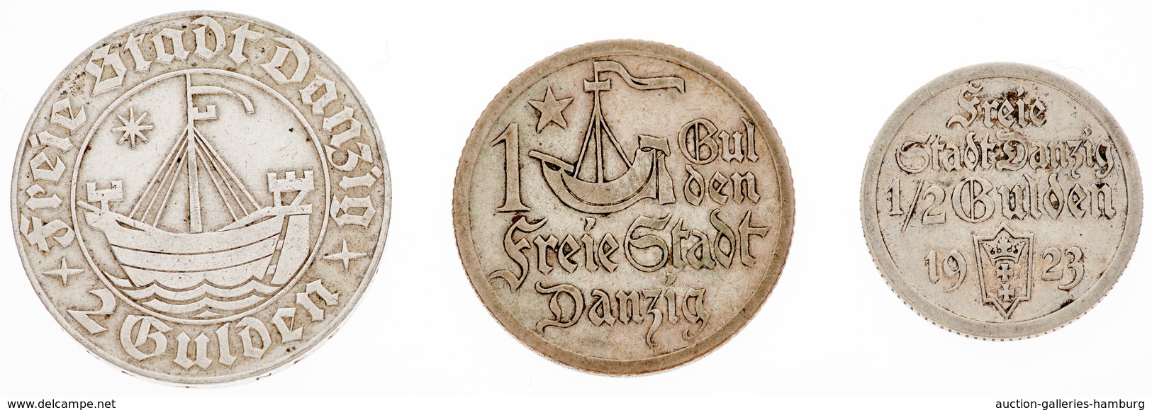 Danzig: 1923-1932, Partie Von 7 Münzen Mit 2 Gulden Von 1932, 1 Gulden Von 1923, 1/2 Gulden Von 1923 - Otros & Sin Clasificación