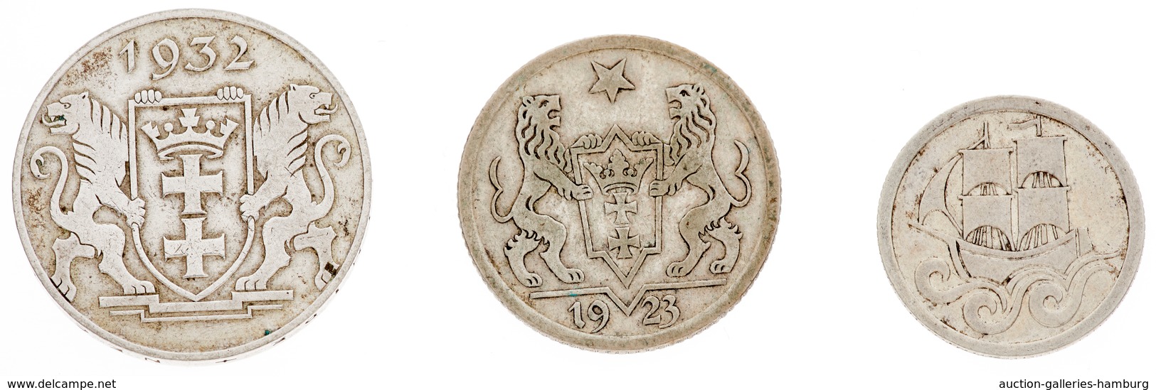 Danzig: 1923-1932, Partie Von 7 Münzen Mit 2 Gulden Von 1932, 1 Gulden Von 1923, 1/2 Gulden Von 1923 - Otros & Sin Clasificación