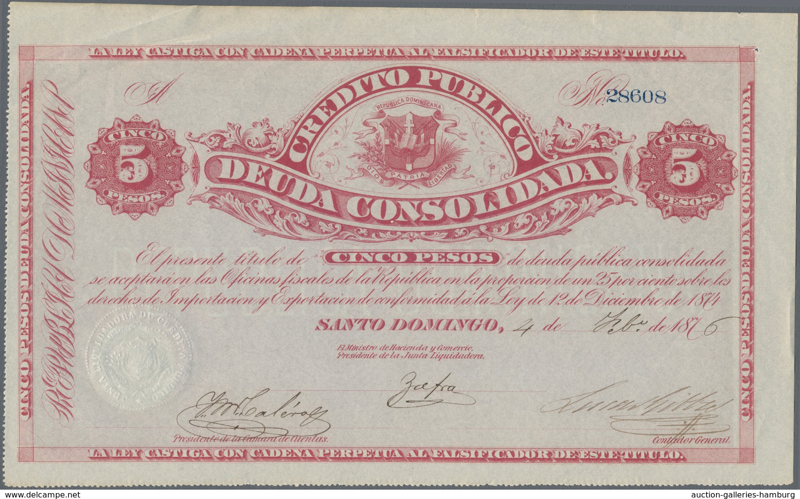 Dominican Republic / Dominikanische Republik: Pair With 5 And 10 Pesos Crédito Público 1875/76, P.S1 - Dominicana