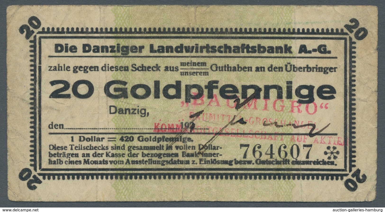 Deutschland - Notgeld - Ehemalige Ostgebiete: DANZIG; 1923, Notgeldschein über 20 Goldpfennig Der "D - Other & Unclassified
