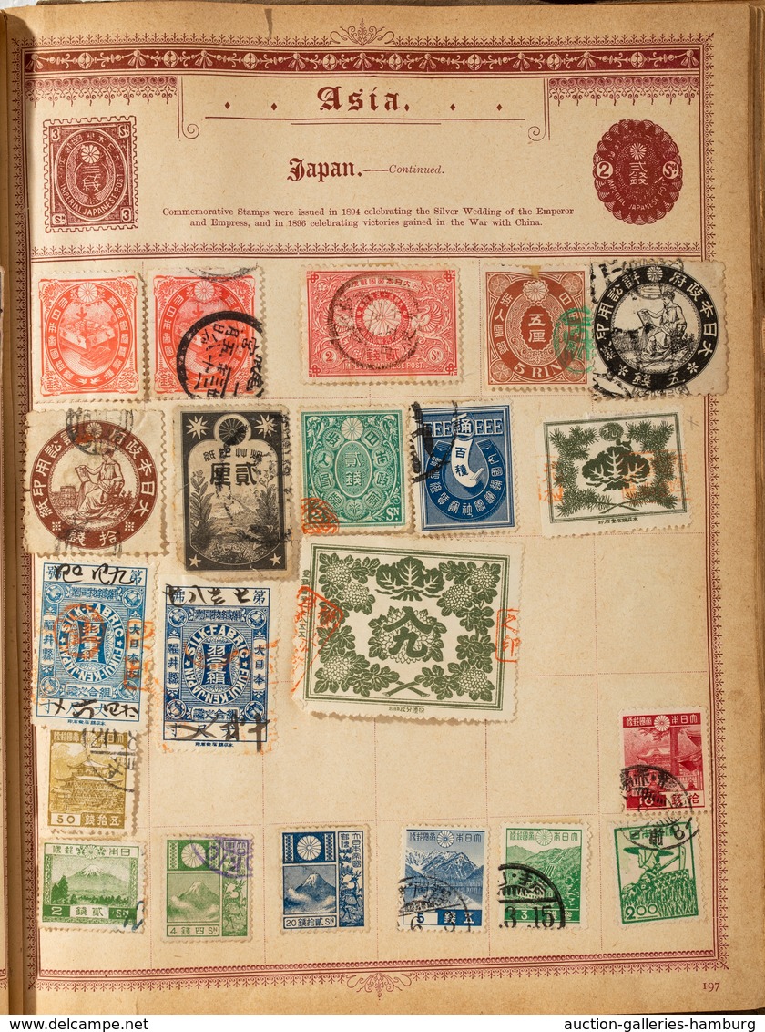 Alle Welt: 1840-1930 (ca.), collection used and unused housed in an old illustrated "Queen Postage S