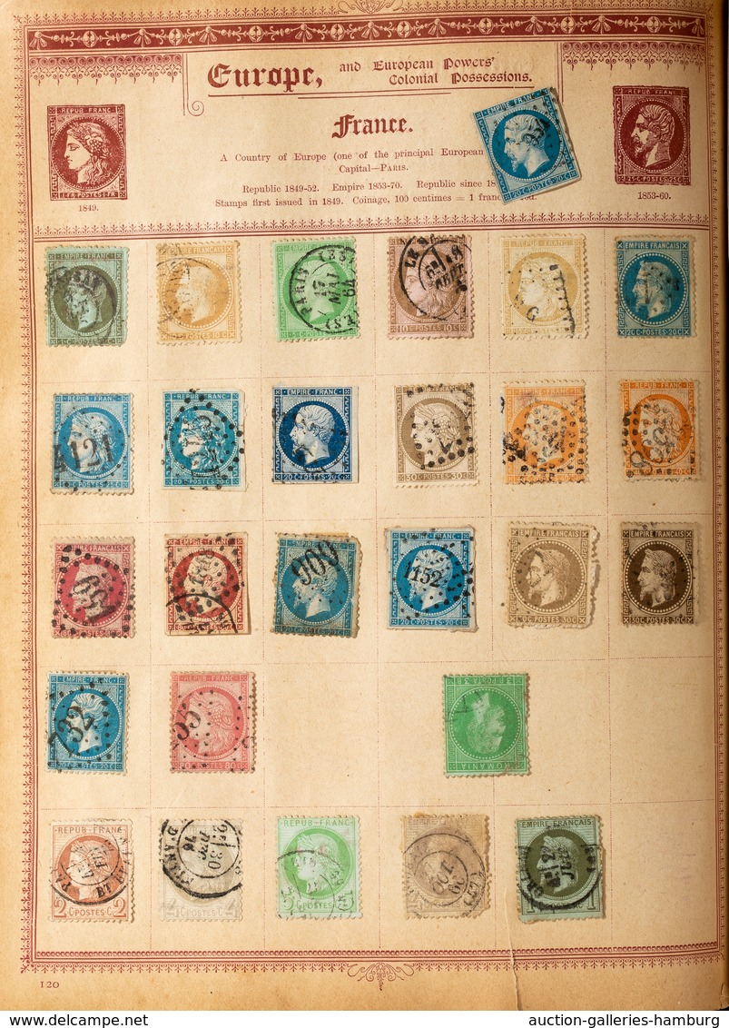 Alle Welt: 1840-1930 (ca.), collection used and unused housed in an old illustrated "Queen Postage S