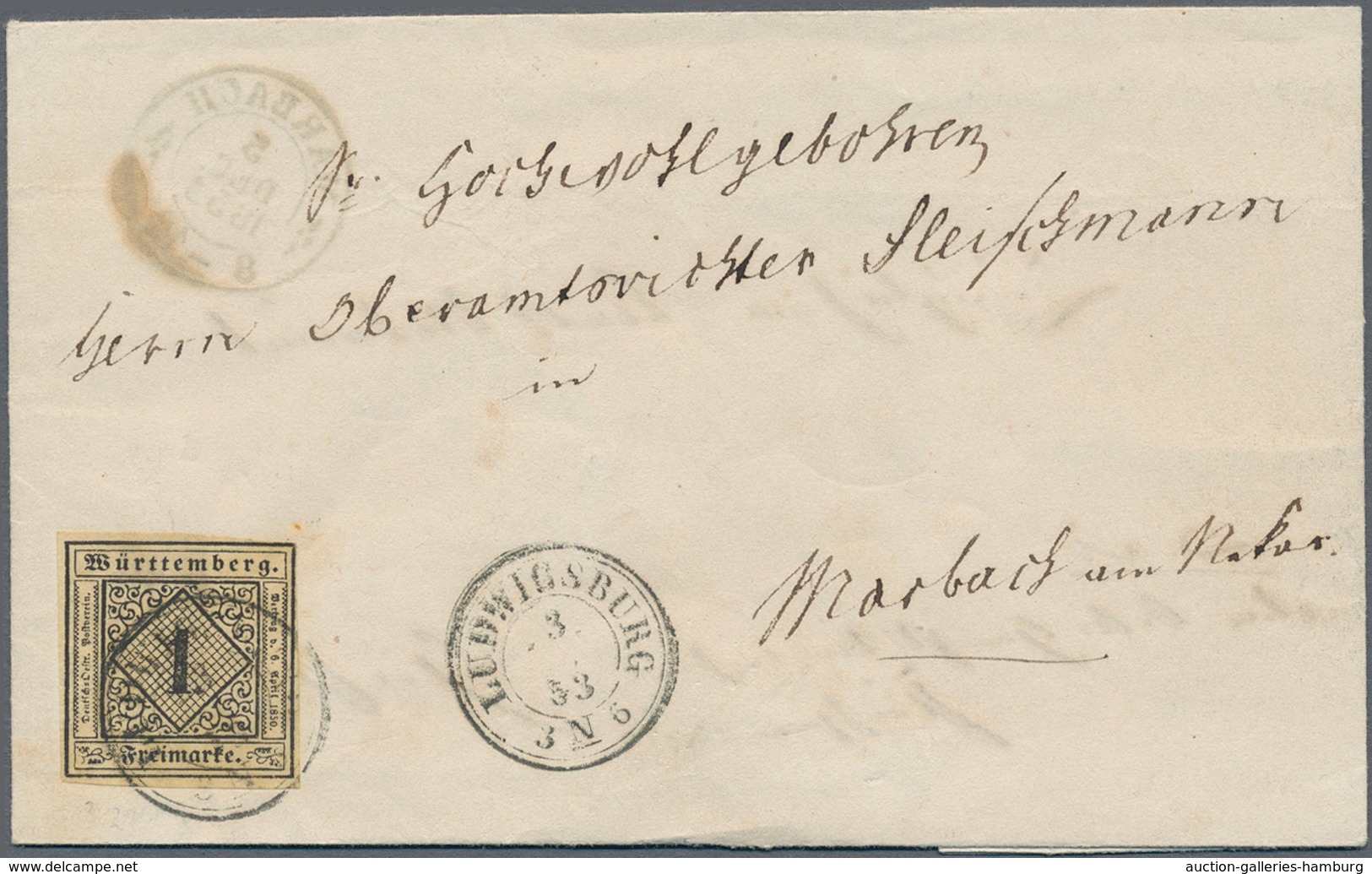 Altdeutschland: 1853/1863, Lot Von Fünf Belegen: Württemberg MiNr. 1 Auf Doppelt Verwendetem Brief, - Collections