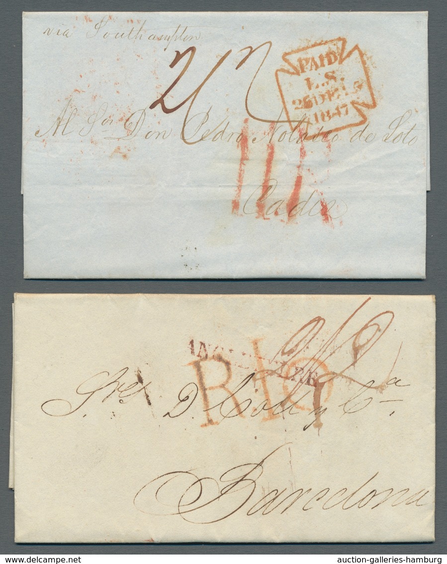 Großbritannien - Vorphila: 1826 - 1849, Fünf Vorphila- Bzw. Barfreimachungsbriefe Nach Spanien, Davo - ...-1840 Prephilately