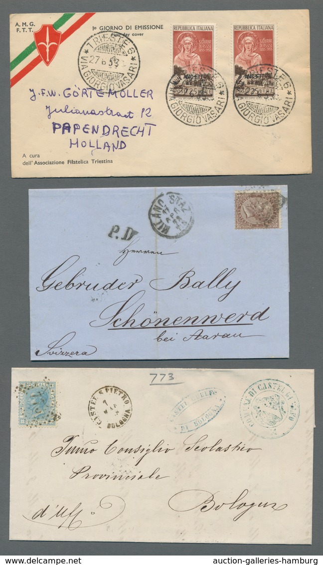 Italien: 1844-1954, Partie Von 37 Belegen Mit U.a. Vorphila, Auslandsdestinationen, Bedarf, FDC Und - Poststempel