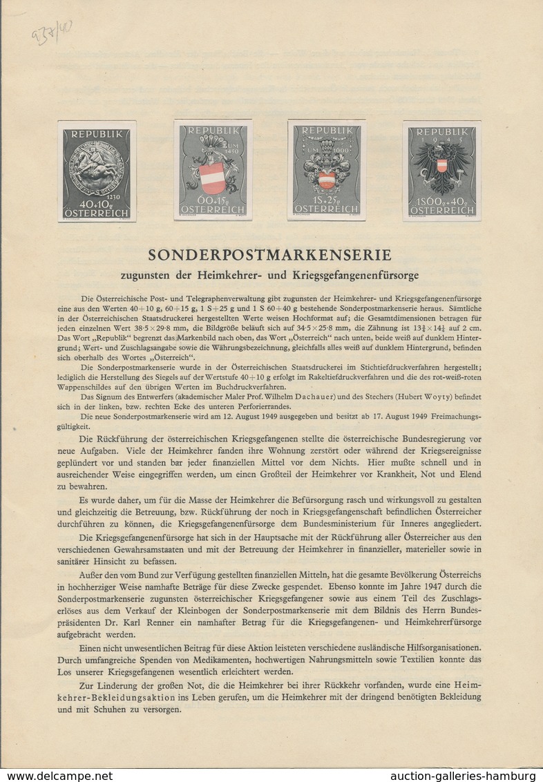 Österreich: 1947/1973, Partie Von 17 Schwarzdrucken Auf Hellgelben A4-Erläuterungsblättern, Die Nur - Briefe U. Dokumente