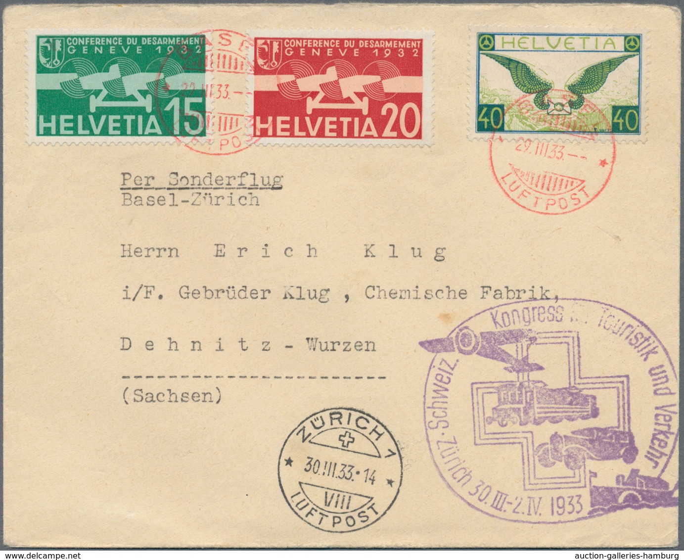 Schweiz: 1919/1933, Partie Von Fünf Flugbelegen Mit Entsprechenden Frankaturen Der Flugpostmarken, D - Usados
