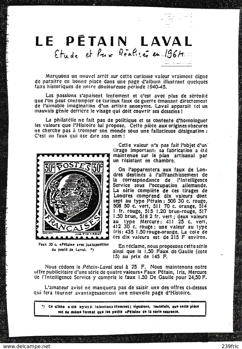 LIBERATION:  FAUX "PETAIN-LAVAL" EN BLOC DE 4** COTE PM: 240E - Libération